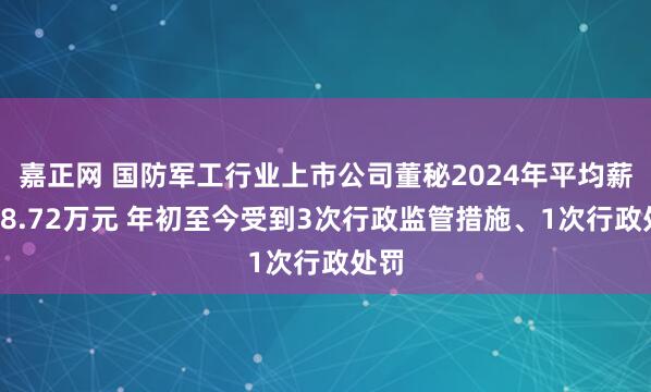 嘉正网 国防军工行业上市公司董秘2024年平均薪酬88.72万元 年初至今受到3次行政监管措施、1次行政处罚